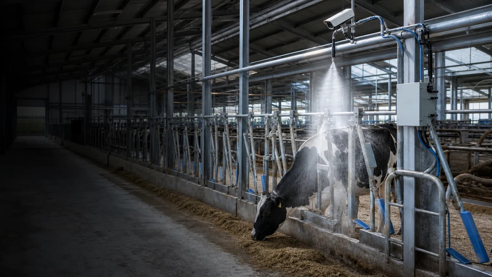 AI camera directing targeted spray cooling to an occupied cow position in a dairy barn